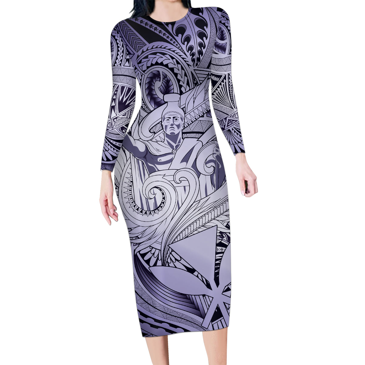 Personalised Aloha King Kamehameha Spirits Family Matching Long Sleeve Bodycon Dress and Hawaiian Shirt Violet Special LT9 Mom's Dress Violet - Polynesian Pride
