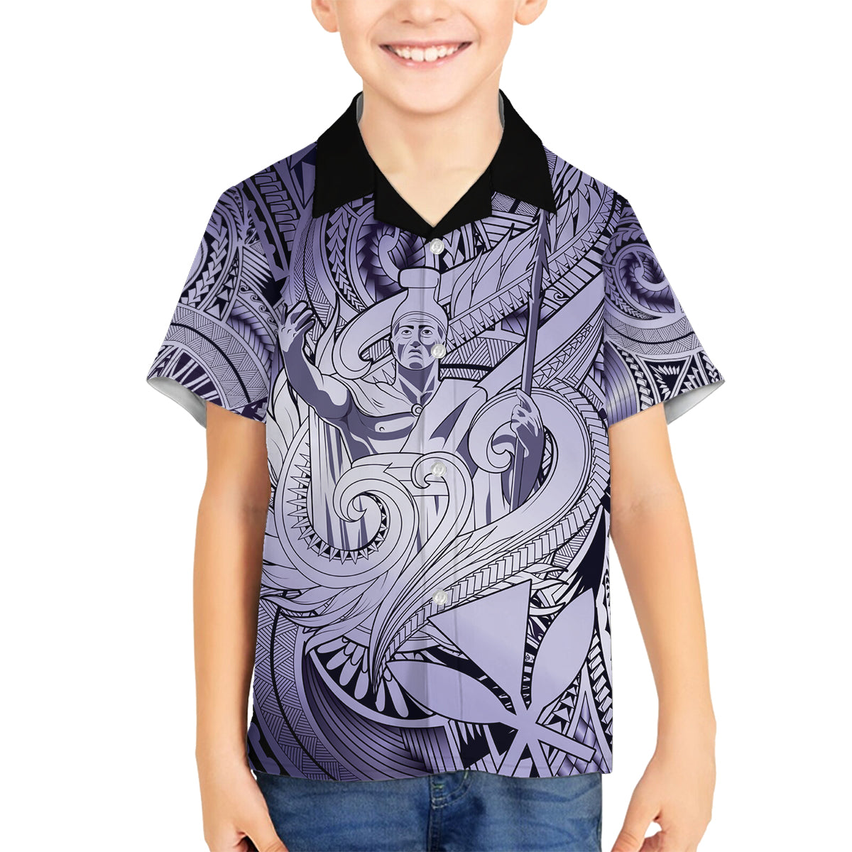 Personalised Aloha King Kamehameha Spirits Family Matching Off Shoulder Long Sleeve Dress and Hawaiian Shirt Violet Special LT9 Son's Shirt Violet - Polynesian Pride