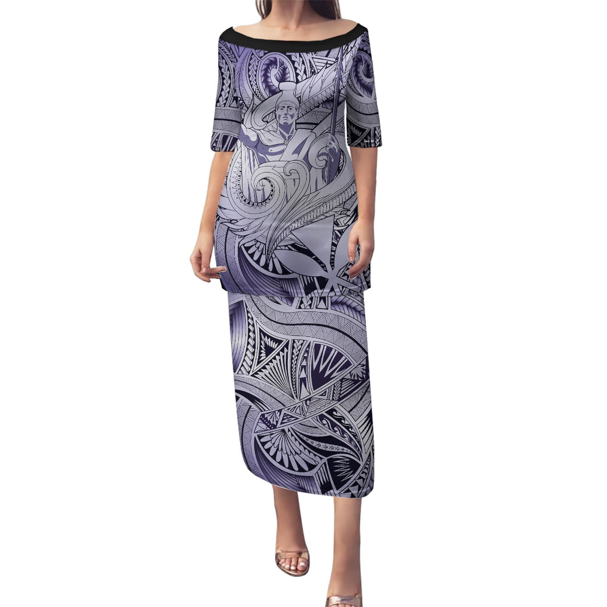 Personalised Aloha King Kamehameha Spirits Family Matching Puletasi and Hawaiian Shirt Violet Special LT9 Mom's Dress Violet - Polynesian Pride