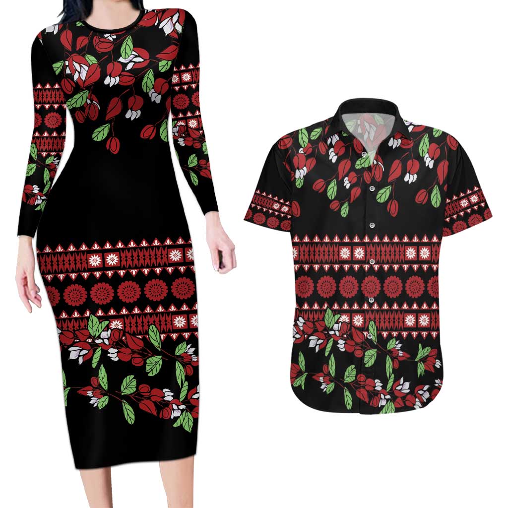 Fiji Masi Bula Tagimoucia Flowers Couples Matching Long Sleeve Bodycon Dress and Hawaiian Shirt LT9 Red - Polynesian Pride