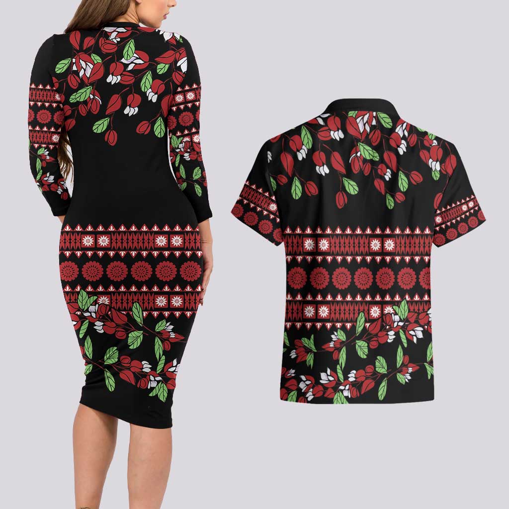 Fiji Masi Bula Tagimoucia Flowers Couples Matching Long Sleeve Bodycon Dress and Hawaiian Shirt LT9 - Polynesian Pride