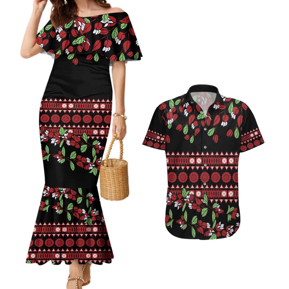 Fiji Masi Bula Tagimoucia Flowers Couples Matching Mermaid Dress and Hawaiian Shirt LT9 Red - Polynesian Pride