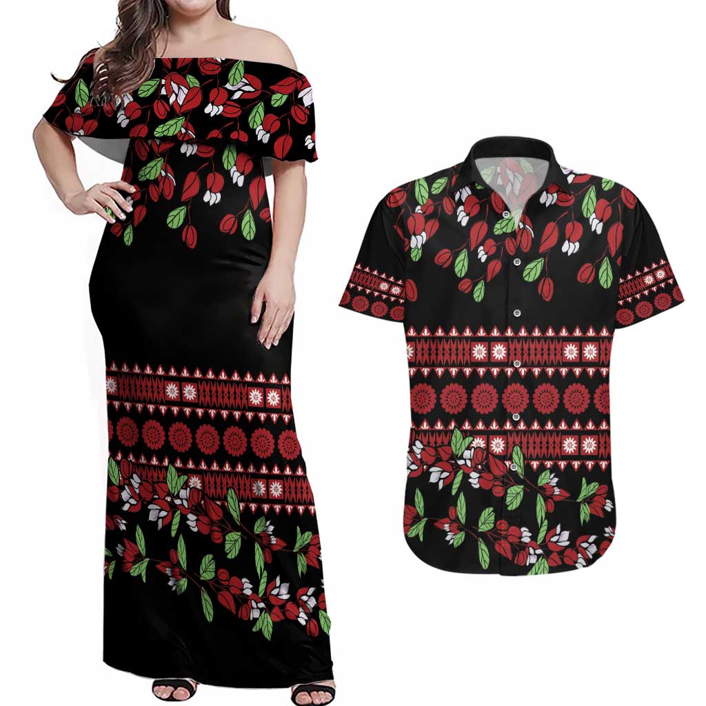 Fiji Masi Bula Tagimoucia Flowers Couples Matching Off Shoulder Maxi Dress and Hawaiian Shirt LT9 Red - Polynesian Pride