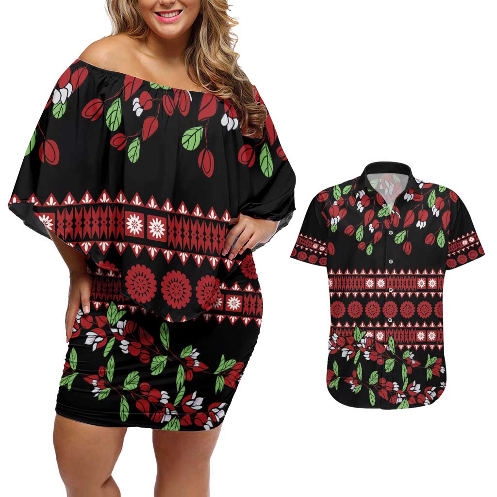 Fiji Masi Bula Tagimoucia Flowers Couples Matching Off Shoulder Short Dress and Hawaiian Shirt LT9 Red - Polynesian Pride