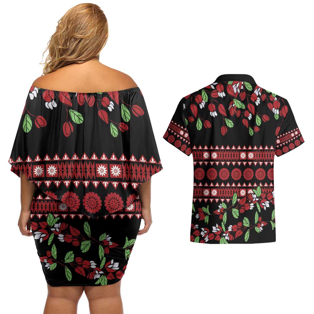 Fiji Masi Bula Tagimoucia Flowers Couples Matching Off Shoulder Short Dress and Hawaiian Shirt LT9 - Polynesian Pride