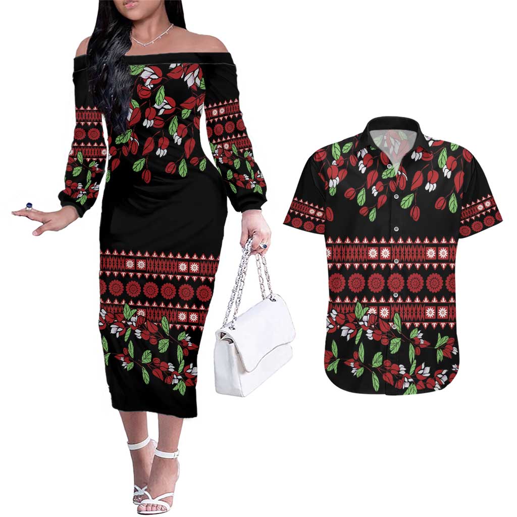 Fiji Masi Bula Tagimoucia Flowers Couples Matching Off The Shoulder Long Sleeve Dress and Hawaiian Shirt LT9 Red - Polynesian Pride