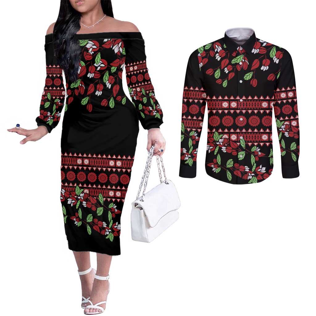 Fiji Masi Bula Tagimoucia Flowers Couples Matching Off The Shoulder Long Sleeve Dress and Long Sleeve Button Shirt LT9 Red - Polynesian Pride