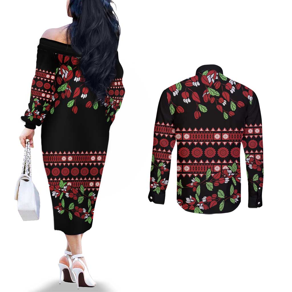 Fiji Masi Bula Tagimoucia Flowers Couples Matching Off The Shoulder Long Sleeve Dress and Long Sleeve Button Shirt LT9 - Polynesian Pride