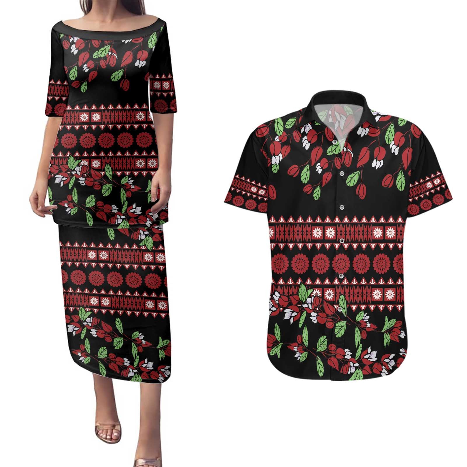Fiji Masi Bula Tagimoucia Flowers Couples Matching Puletasi and Hawaiian Shirt LT9 Red - Polynesian Pride