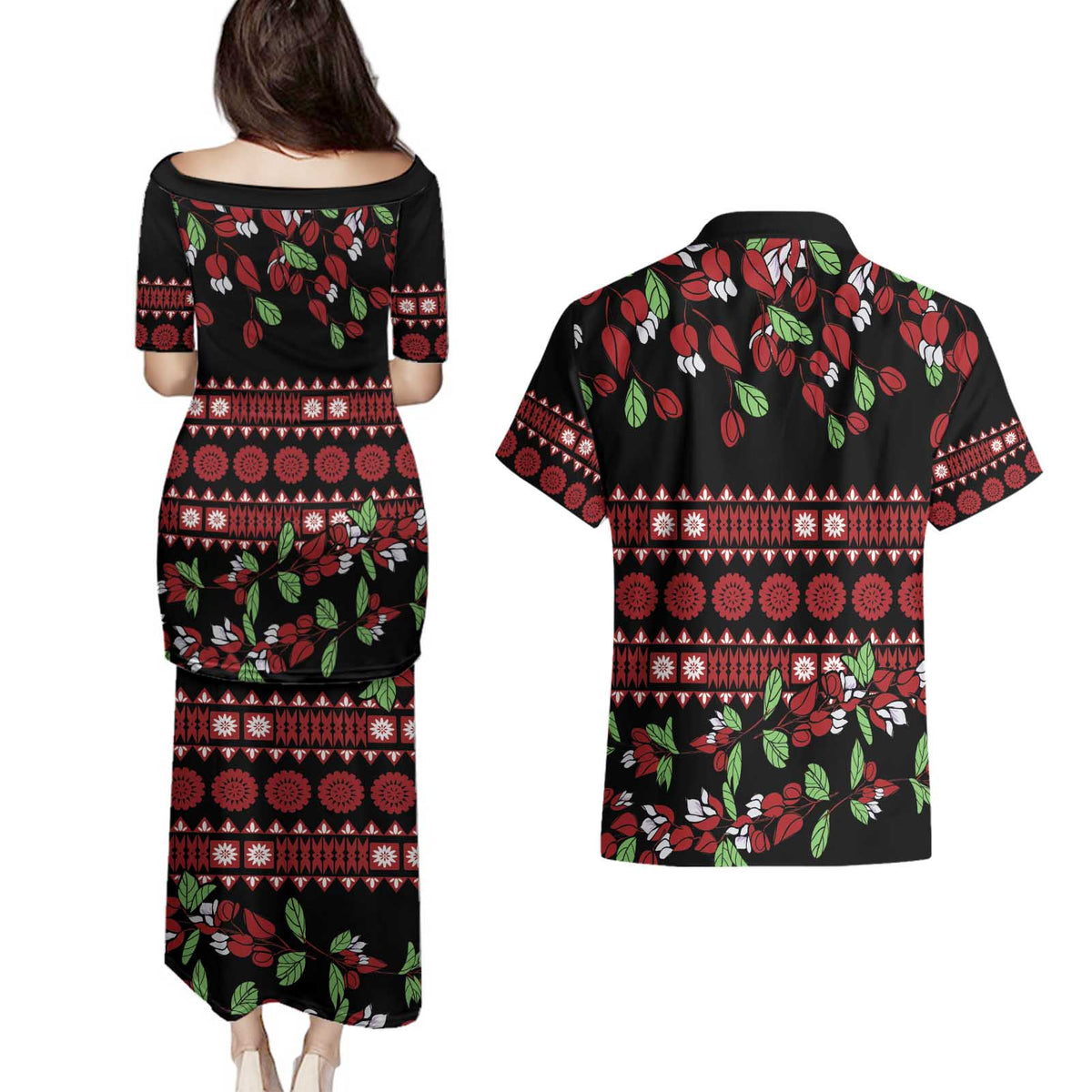 Fiji Masi Bula Tagimoucia Flowers Couples Matching Puletasi and Hawaiian Shirt