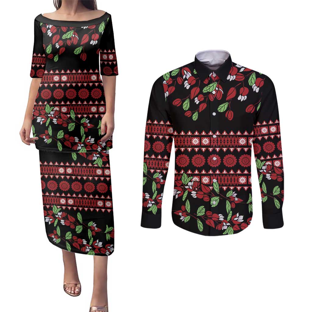 Fiji Masi Bula Tagimoucia Flowers Couples Matching Puletasi and Long Sleeve Button Shirt LT9 Red - Polynesian Pride