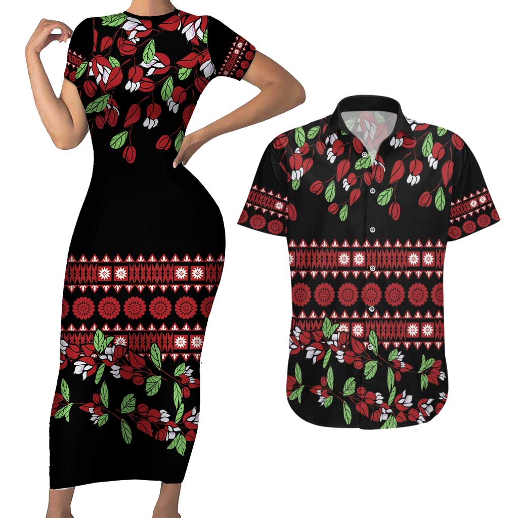 Fiji Masi Bula Tagimoucia Flowers Couples Matching Short Sleeve Bodycon Dress and Hawaiian Shirt LT9 Red - Polynesian Pride