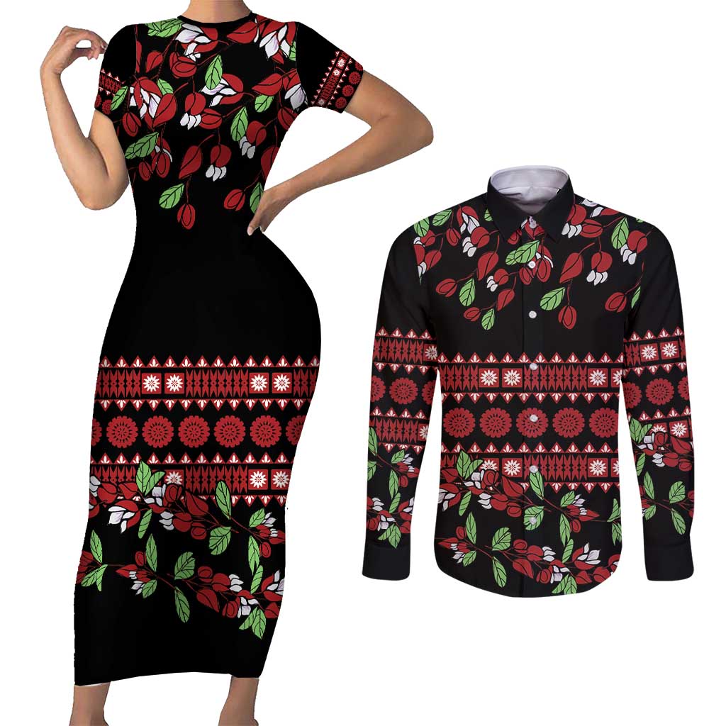 Fiji Masi Bula Tagimoucia Flowers Couples Matching Short Sleeve Bodycon Dress and Long Sleeve Button Shirt LT9 Red - Polynesian Pride