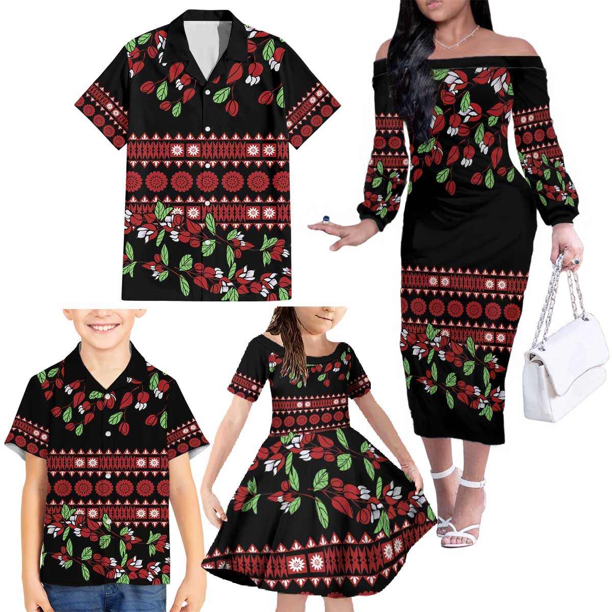 Fiji Masi Bula Tagimoucia Flowers Family Matching Off The Shoulder Long Sleeve Dress and Hawaiian Shirt LT9 - Polynesian Pride