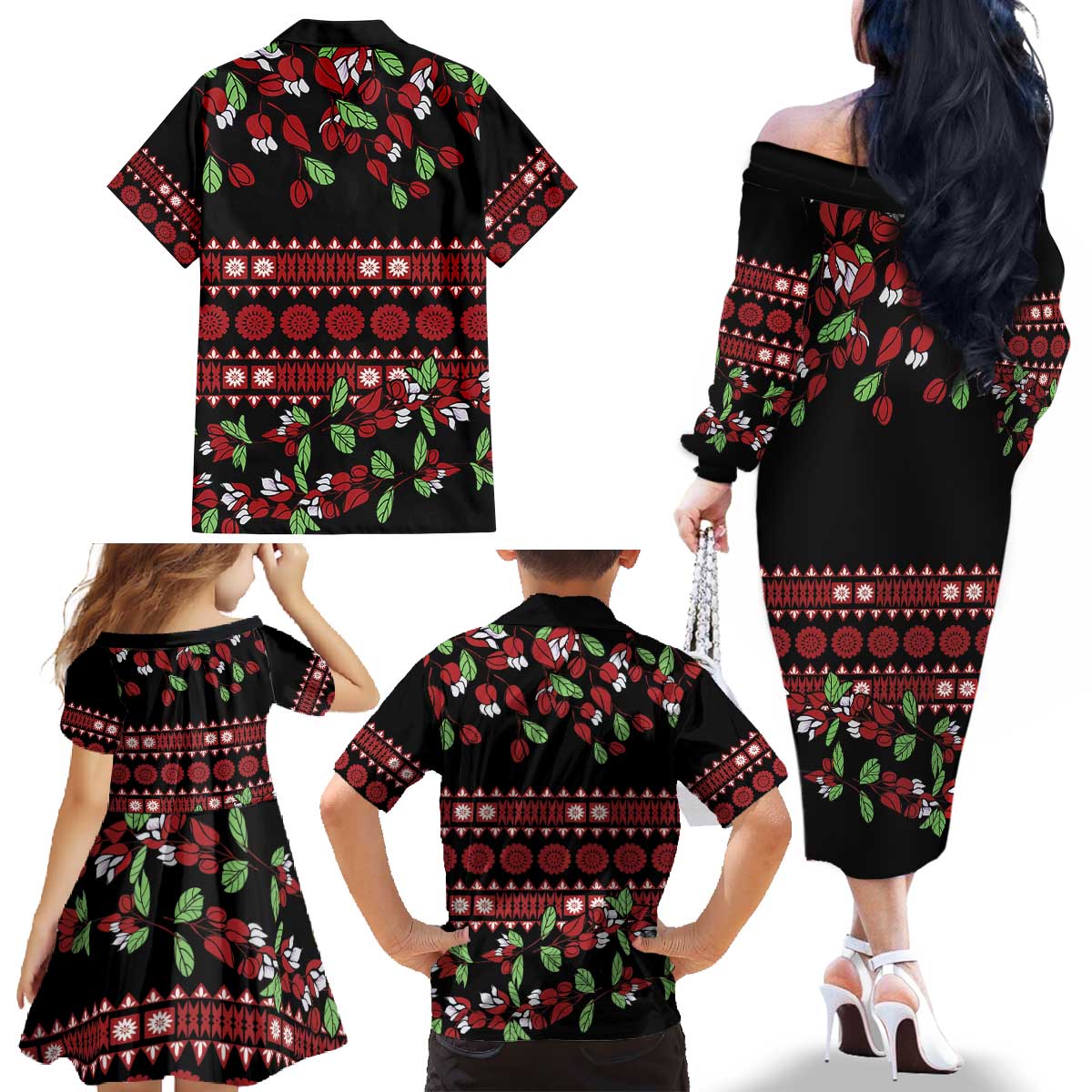 Fiji Masi Bula Tagimoucia Flowers Family Matching Off The Shoulder Long Sleeve Dress and Hawaiian Shirt LT9 - Polynesian Pride