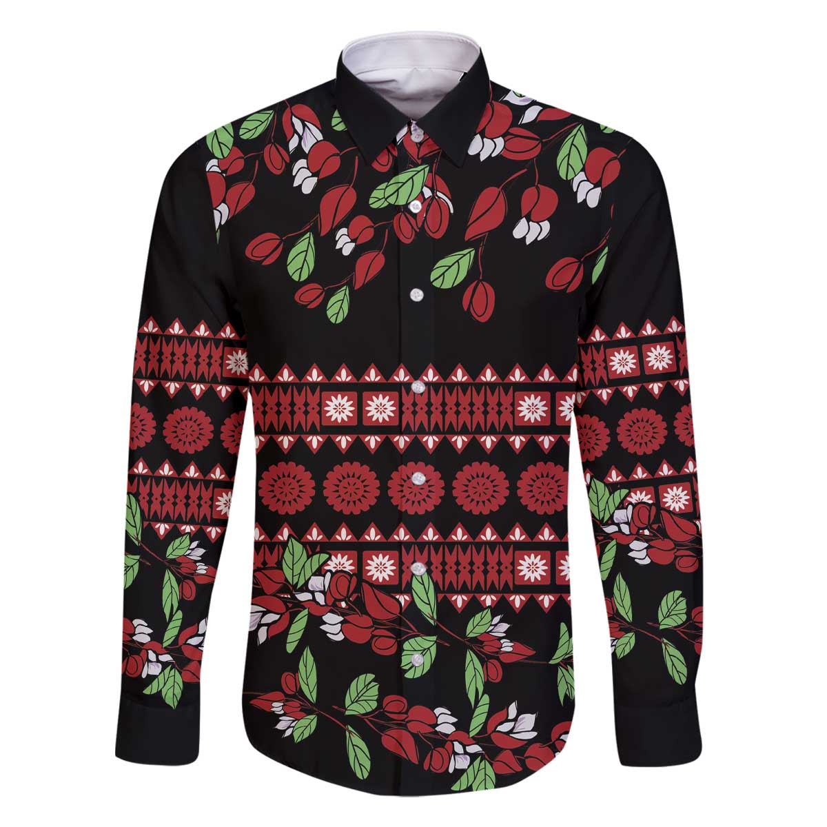 Fiji Masi Bula Tagimoucia Flowers Family Matching Off The Shoulder Long Sleeve Dress and Hawaiian Shirt LT9 Dad's Shirt - Long Sleeve Red - Polynesian Pride