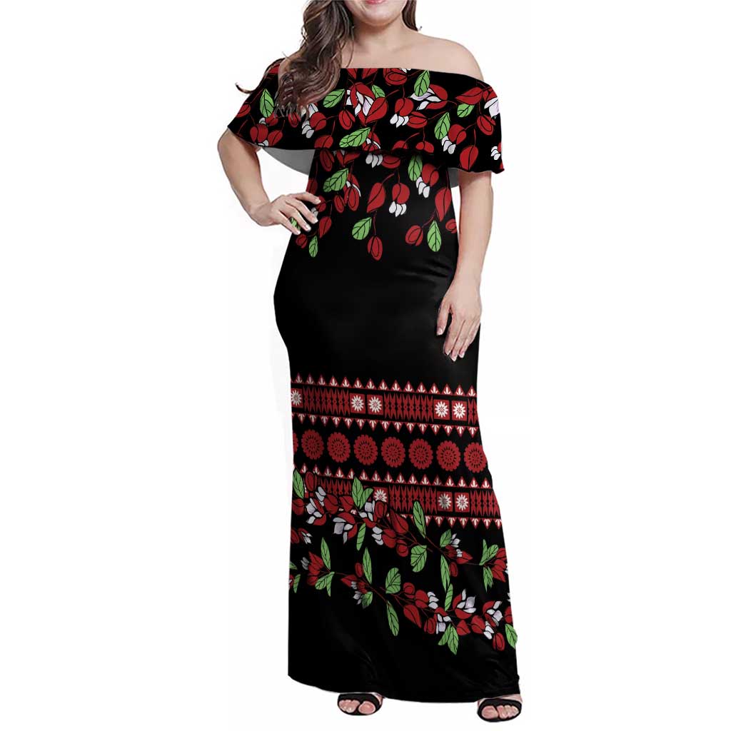 Fiji Masi Bula Tagimoucia Flowers Family Matching Off Shoulder Maxi Dress and Hawaiian Shirt LT9 Mom's Dress Red - Polynesian Pride