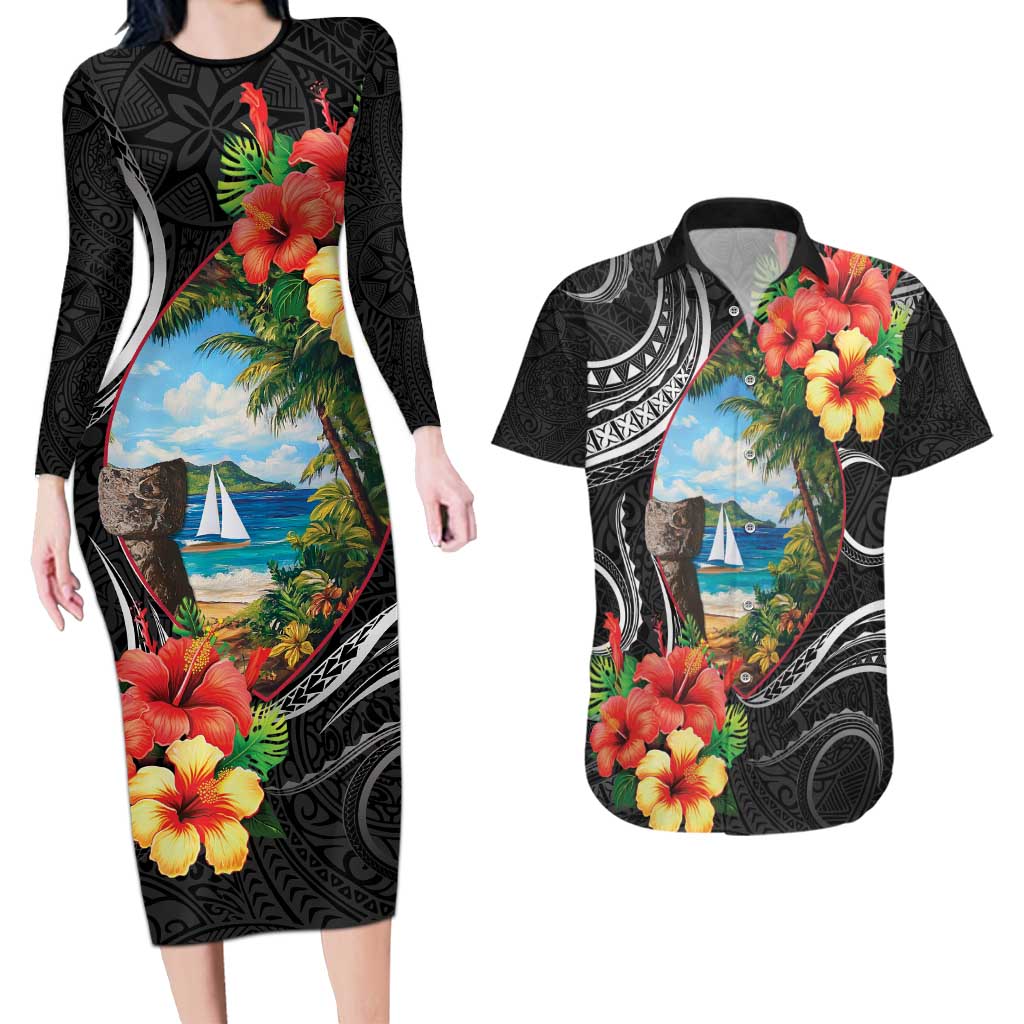 Hafa Adai Guam Couples Matching Long Sleeve Bodycon Dress and Hawaiian Shirt Guahan Seal Chamorro Stones Tribal LT9 Black - Polynesian Pride