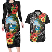 Hafa Adai Guam Couples Matching Long Sleeve Bodycon Dress and Hawaiian Shirt Guahan Seal Chamorro Stones Tribal LT9 Black - Polynesian Pride