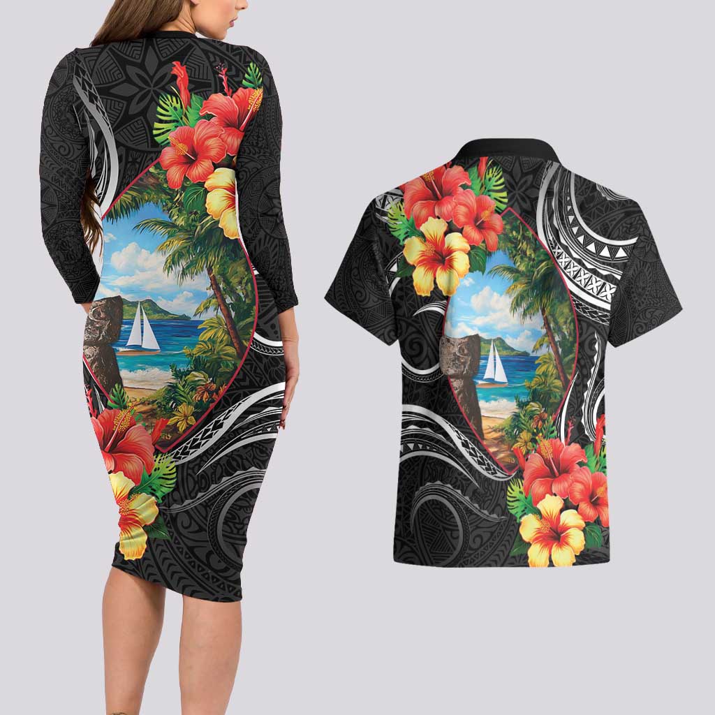 Hafa Adai Guam Couples Matching Long Sleeve Bodycon Dress and Hawaiian Shirt Guahan Seal Chamorro Stones Tribal LT9 - Polynesian Pride