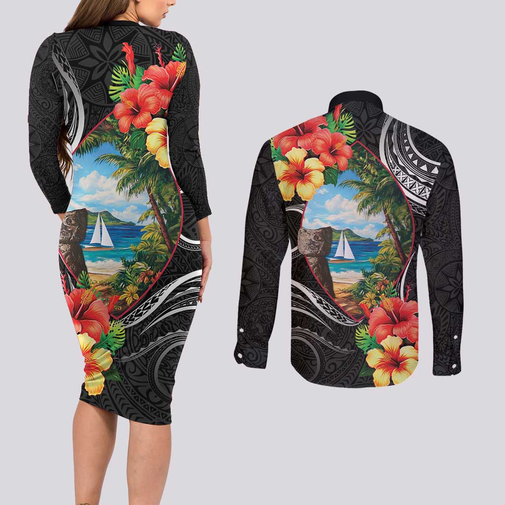 Hafa Adai Guam Couples Matching Long Sleeve Bodycon Dress and Long Sleeve Button Shirt Guahan Seal Chamorro Stones Tribal LT9 - Polynesian Pride