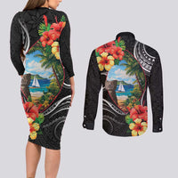 Hafa Adai Guam Couples Matching Long Sleeve Bodycon Dress and Long Sleeve Button Shirt Guahan Seal Chamorro Stones Tribal LT9 - Polynesian Pride