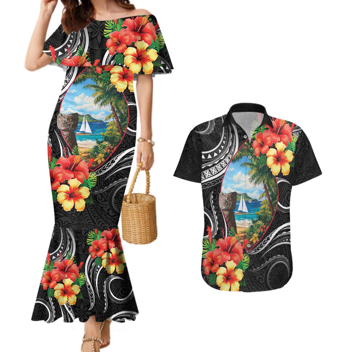 Hafa Adai Guam Couples Matching Mermaid Dress and Hawaiian Shirt Guahan Seal Chamorro Stones Tribal LT9 Black - Polynesian Pride
