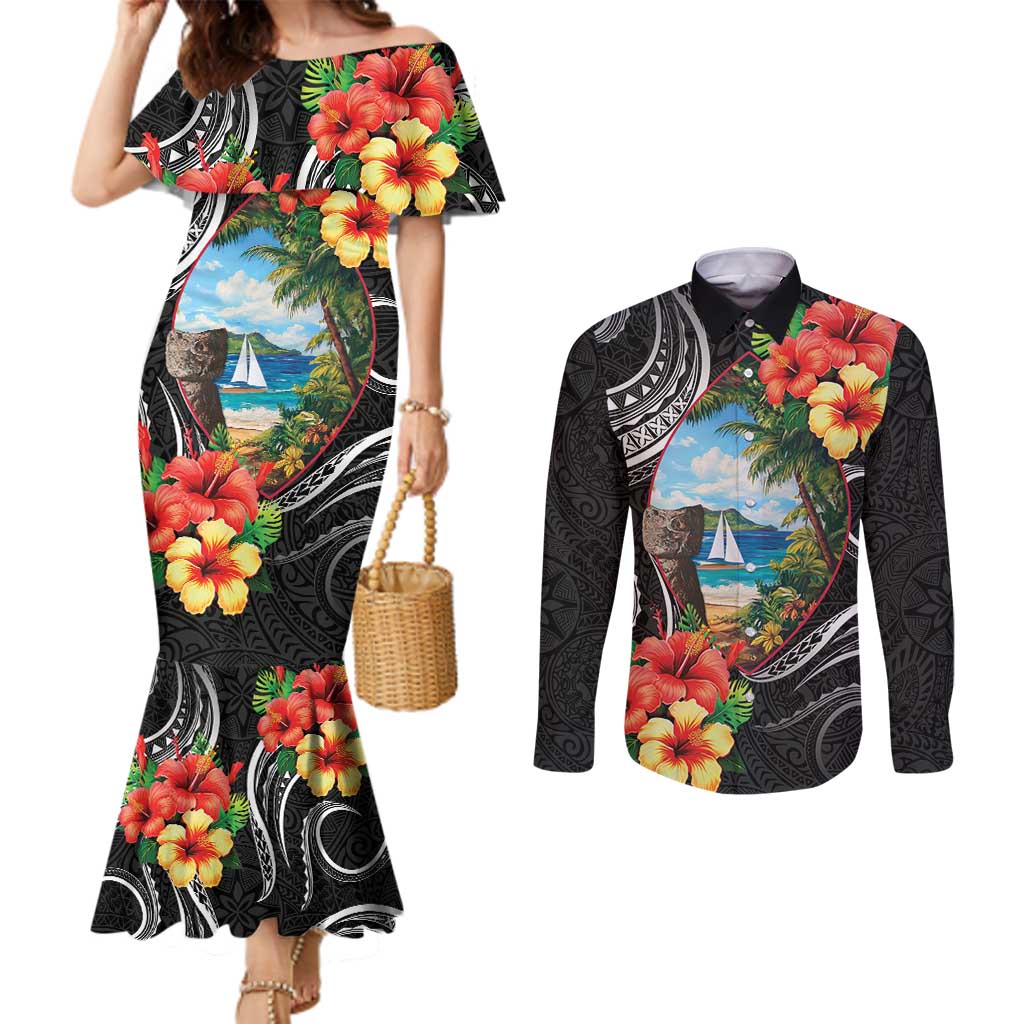 Hafa Adai Guam Couples Matching Mermaid Dress and Long Sleeve Button Shirt Guahan Seal Chamorro Stones Tribal LT9 Black - Polynesian Pride