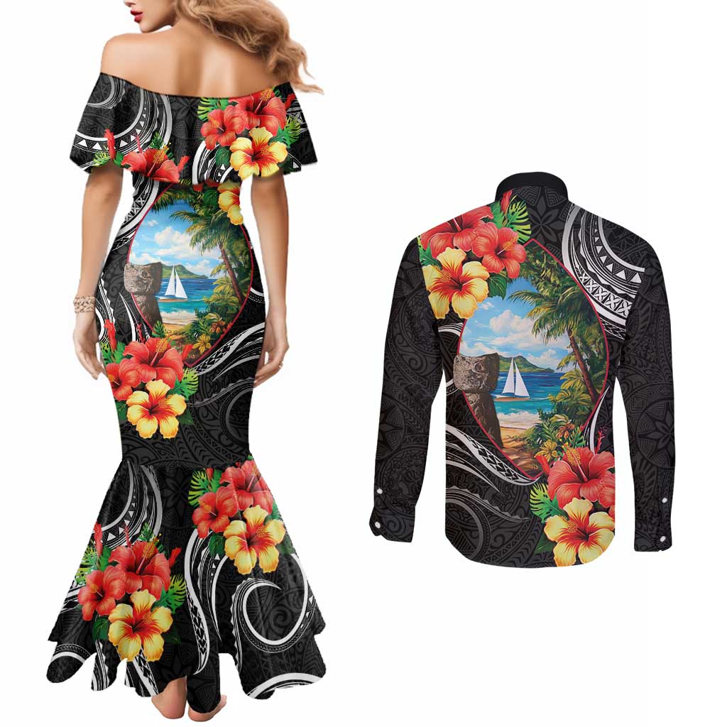 Hafa Adai Guam Couples Matching Mermaid Dress and Long Sleeve Button Shirt Guahan Seal Chamorro Stones Tribal LT9 - Polynesian Pride