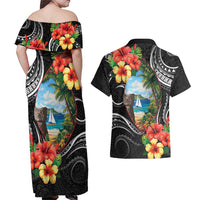 Hafa Adai Guam Couples Matching Off Shoulder Maxi Dress and Hawaiian Shirt Guahan Seal Chamorro Stones Tribal LT9 - Polynesian Pride