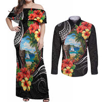 Hafa Adai Guam Couples Matching Off Shoulder Maxi Dress and Long Sleeve Button Shirt Guahan Seal Chamorro Stones Tribal LT9 Black - Polynesian Pride