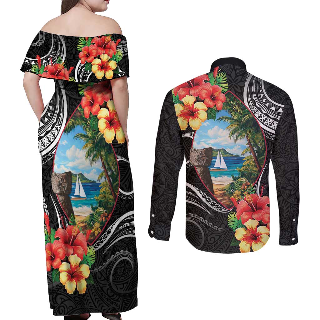 Hafa Adai Guam Couples Matching Off Shoulder Maxi Dress and Long Sleeve Button Shirt Guahan Seal Chamorro Stones Tribal LT9 - Polynesian Pride