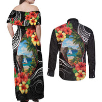 Hafa Adai Guam Couples Matching Off Shoulder Maxi Dress and Long Sleeve Button Shirt Guahan Seal Chamorro Stones Tribal LT9 - Polynesian Pride