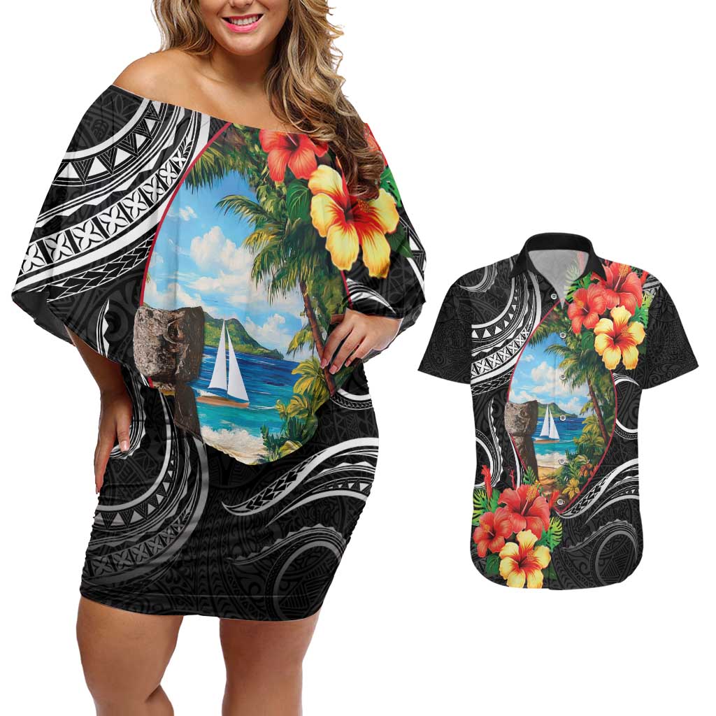 Hafa Adai Guam Couples Matching Off Shoulder Short Dress and Hawaiian Shirt Guahan Seal Chamorro Stones Tribal LT9 Black - Polynesian Pride