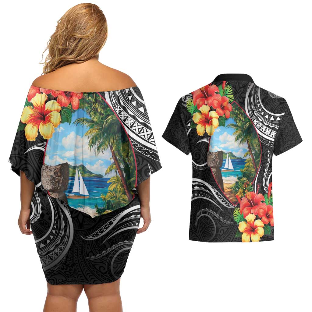 Hafa Adai Guam Couples Matching Off Shoulder Short Dress and Hawaiian Shirt Guahan Seal Chamorro Stones Tribal LT9 - Polynesian Pride