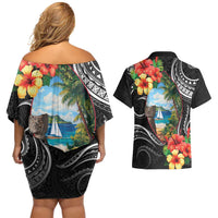 Hafa Adai Guam Couples Matching Off Shoulder Short Dress and Hawaiian Shirt Guahan Seal Chamorro Stones Tribal LT9 - Polynesian Pride