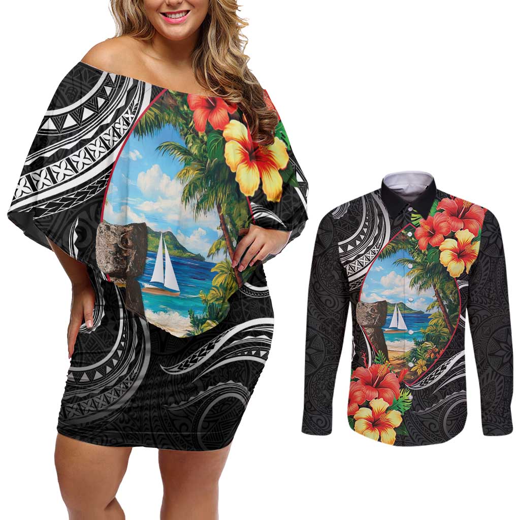 Hafa Adai Guam Couples Matching Off Shoulder Short Dress and Long Sleeve Button Shirt Guahan Seal Chamorro Stones Tribal LT9 Black - Polynesian Pride