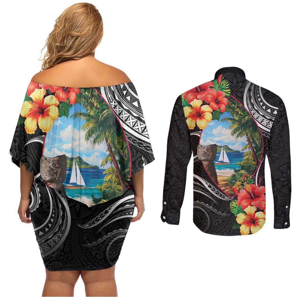 Hafa Adai Guam Couples Matching Off Shoulder Short Dress and Long Sleeve Button Shirt Guahan Seal Chamorro Stones Tribal LT9 - Polynesian Pride