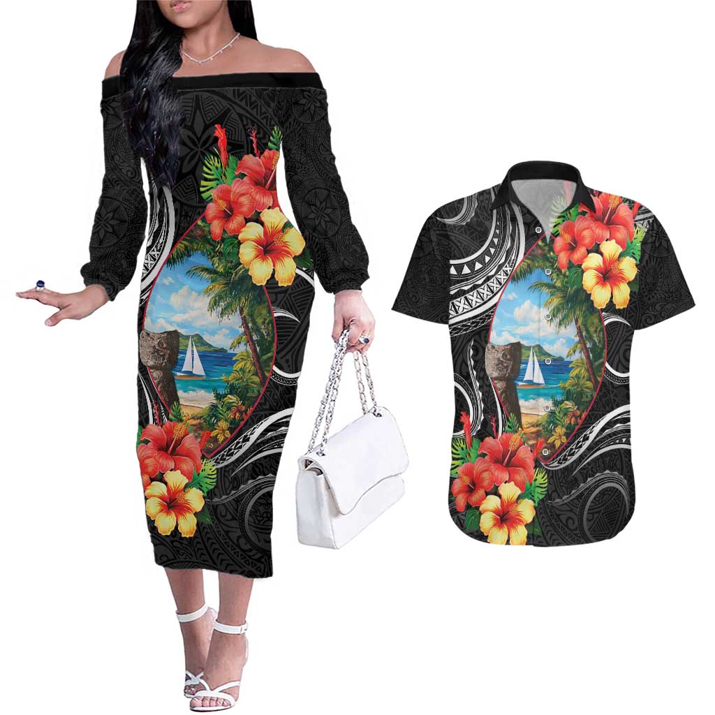 Hafa Adai Guam Couples Matching Off The Shoulder Long Sleeve Dress and Hawaiian Shirt Guahan Seal Chamorro Stones Tribal LT9 Black - Polynesian Pride