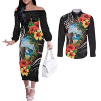 Hafa Adai Guam Couples Matching Off The Shoulder Long Sleeve Dress and Long Sleeve Button Shirt Guahan Seal Chamorro Stones Tribal LT9 Black - Polynesian Pride
