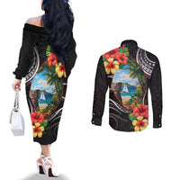 Hafa Adai Guam Couples Matching Off The Shoulder Long Sleeve Dress and Long Sleeve Button Shirt Guahan Seal Chamorro Stones Tribal LT9 - Polynesian Pride