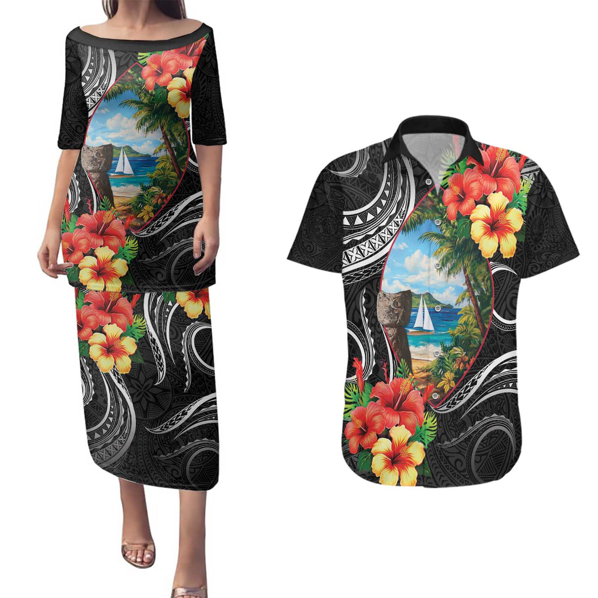Hafa Adai Guam Couples Matching Puletasi and Hawaiian Shirt Guahan Seal Chamorro Stones Tribal LT9 Black - Polynesian Pride