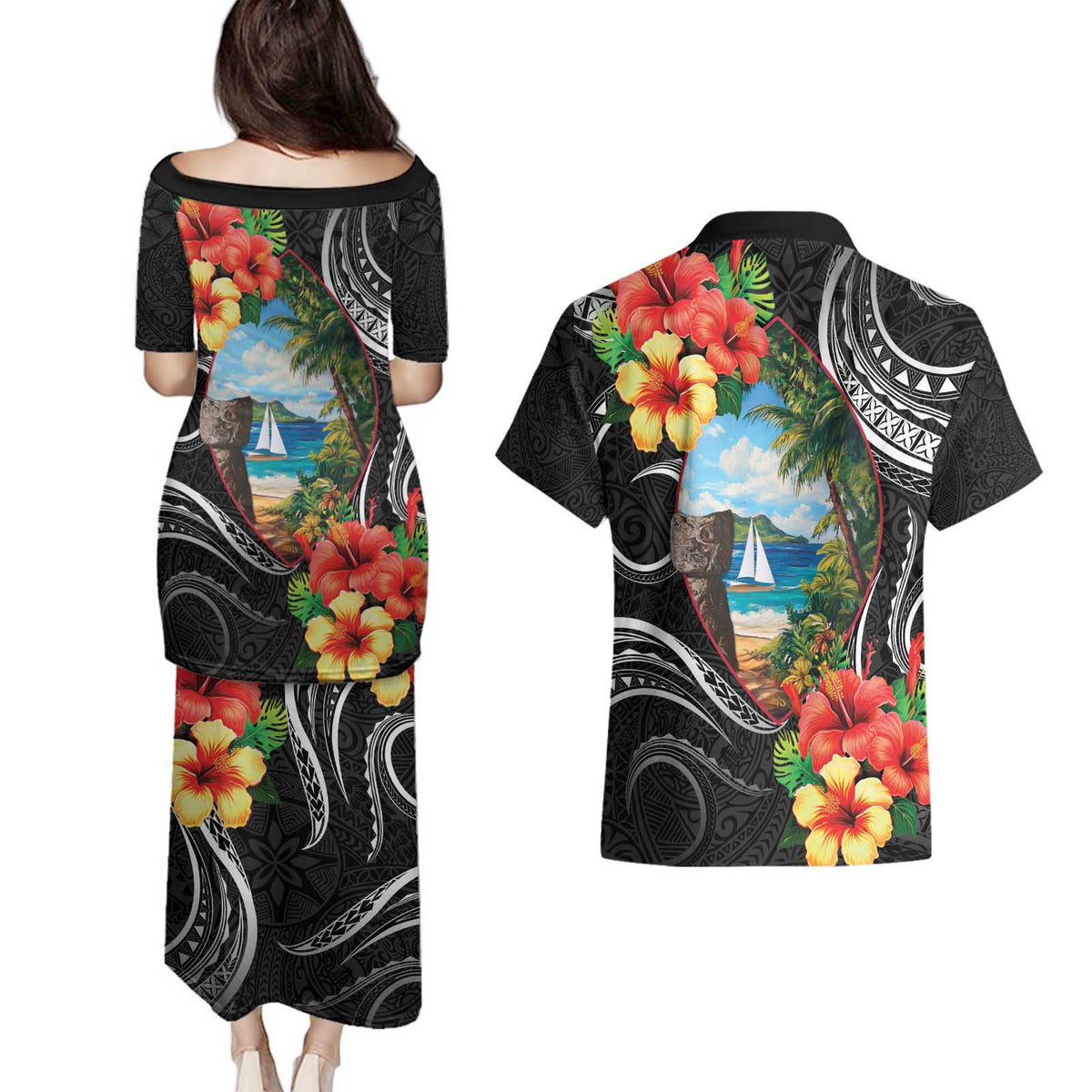 Hafa Adai Guam Couples Matching Puletasi and Hawaiian Shirt Guahan Seal Chamorro Stones Tribal LT9 - Polynesian Pride