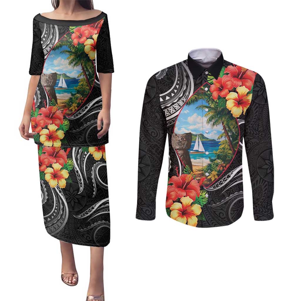 Hafa Adai Guam Couples Matching Puletasi and Long Sleeve Button Shirt Guahan Seal Chamorro Stones Tribal
