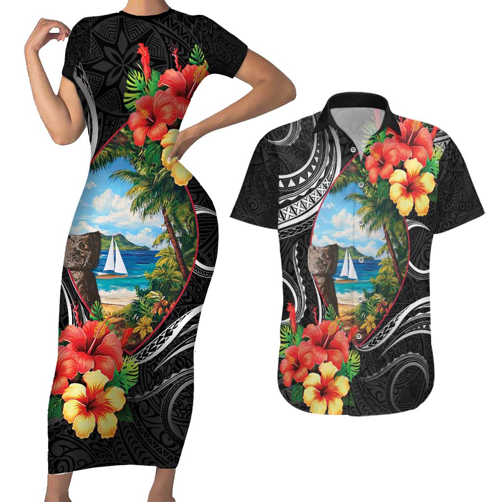 Hafa Adai Guam Couples Matching Short Sleeve Bodycon Dress and Hawaiian Shirt Guahan Seal Chamorro Stones Tribal LT9 Black - Polynesian Pride