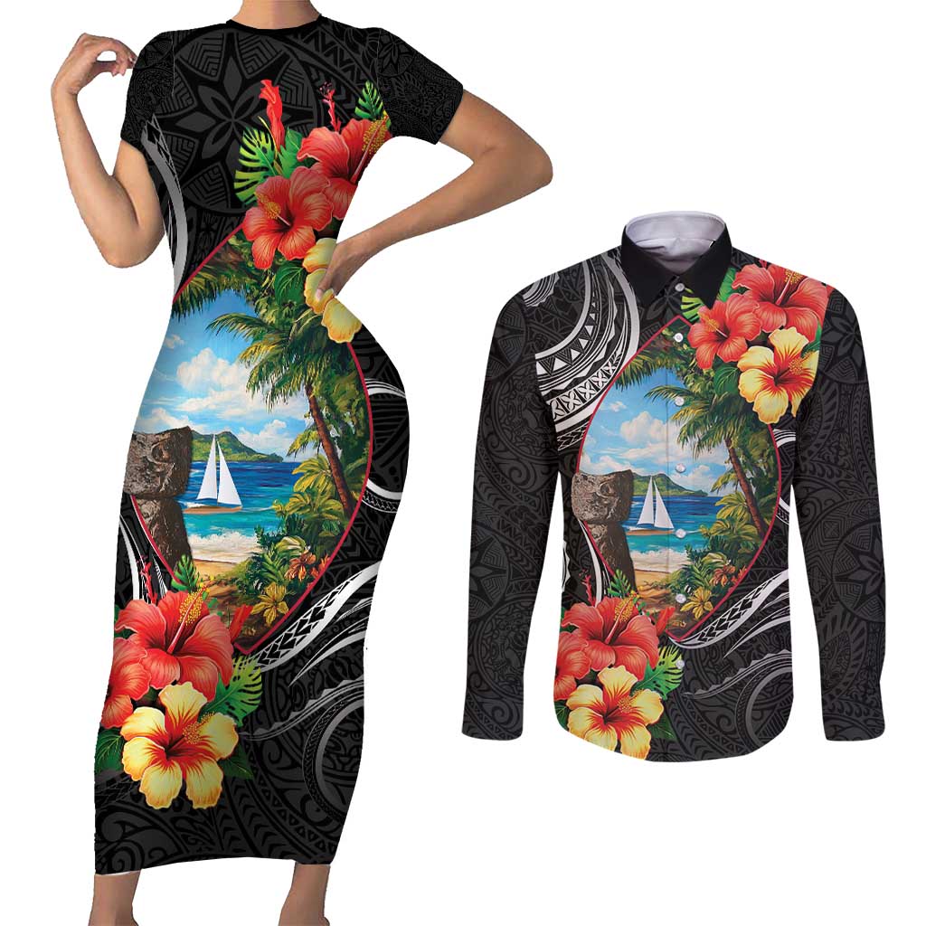 Hafa Adai Guam Couples Matching Short Sleeve Bodycon Dress and Long Sleeve Button Shirt Guahan Seal Chamorro Stones Tribal LT9 Black - Polynesian Pride