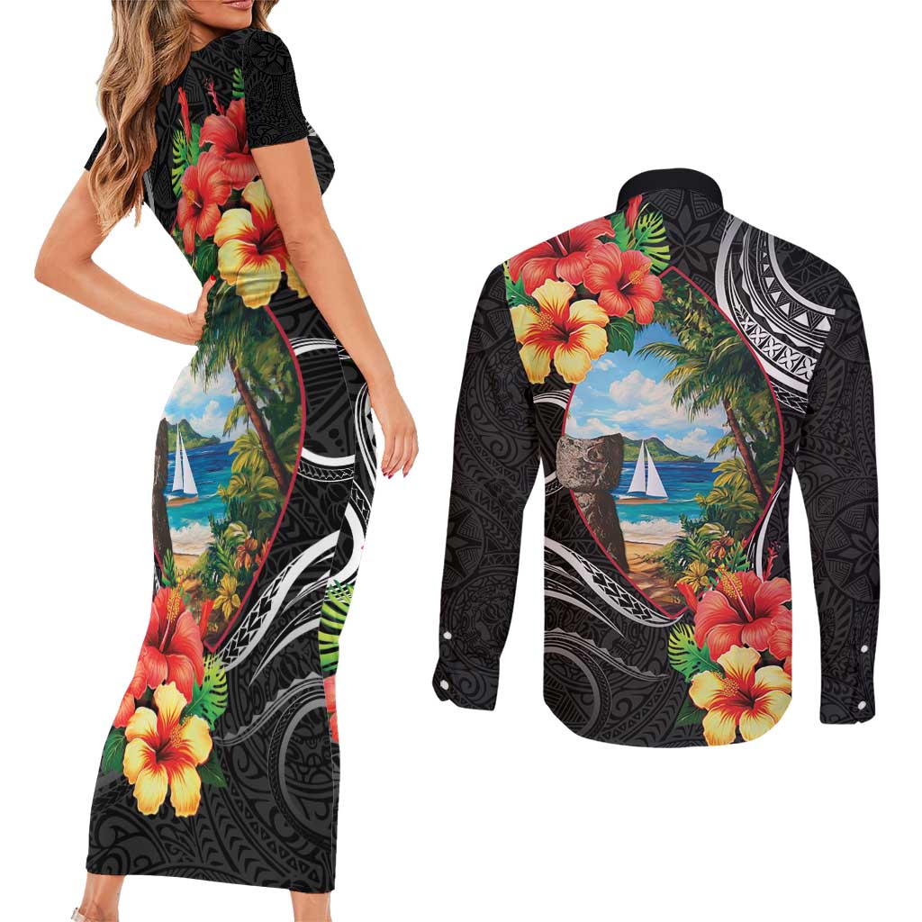 Hafa Adai Guam Couples Matching Short Sleeve Bodycon Dress and Long Sleeve Button Shirt Guahan Seal Chamorro Stones Tribal LT9 - Polynesian Pride