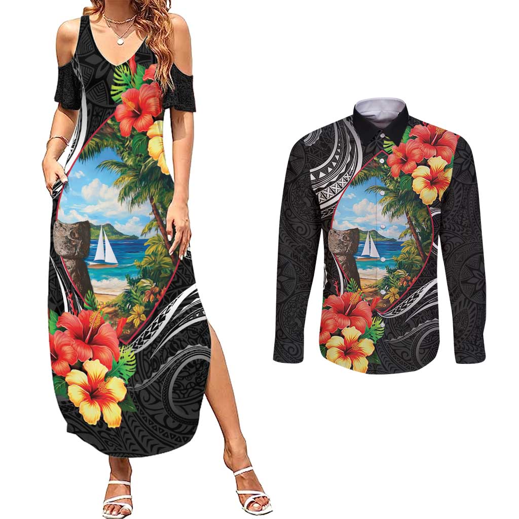 Hafa Adai Guam Couples Matching Summer Maxi Dress and Long Sleeve Button Shirt Guahan Seal Chamorro Stones Tribal LT9 Black - Polynesian Pride