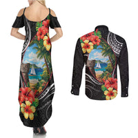 Hafa Adai Guam Couples Matching Summer Maxi Dress and Long Sleeve Button Shirt Guahan Seal Chamorro Stones Tribal LT9 - Polynesian Pride
