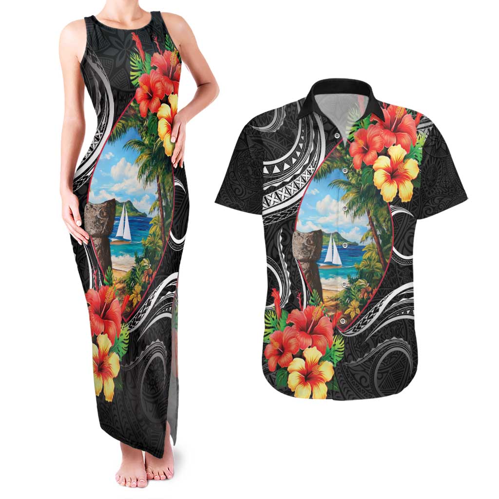 Hafa Adai Guam Couples Matching Tank Maxi Dress and Hawaiian Shirt Guahan Seal Chamorro Stones Tribal LT9 Black - Polynesian Pride